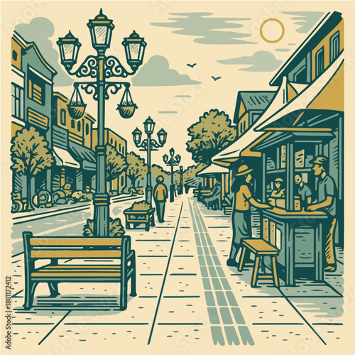 Vintage illustration of a European cafe street with benches and lamps representing urban lifestyle and travel