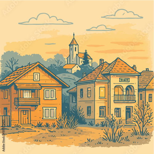 Warm illustration of village houses in a rural landscape representing countryside life and travel