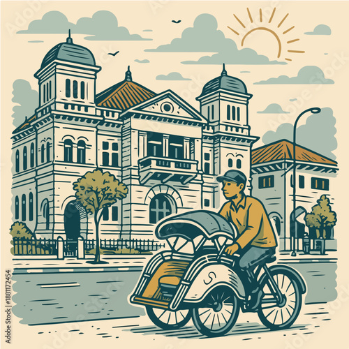 Illustration of a man riding a motorcycle through a historic city representing travel adventure and urban lifestyle