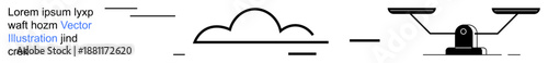 Legal systems, balance, minimalism, design, decision-making, cloud storage. Black line art a cloud, a balance scale and abstract aligned text elements. Legal systems and balance concept