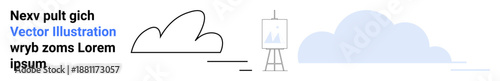 Weather icons, creativity, graphic design, digital art concepts, cloud storage, and presentations. A cloud design and art easel on a minimalist layout. Creativity and graphic design concepts
