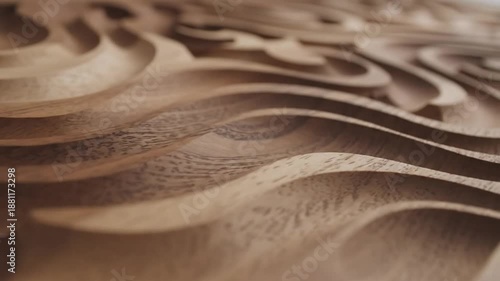 Close-up of intricately carved wood, showing flowing wave-like patterns and organic forms for artistic design