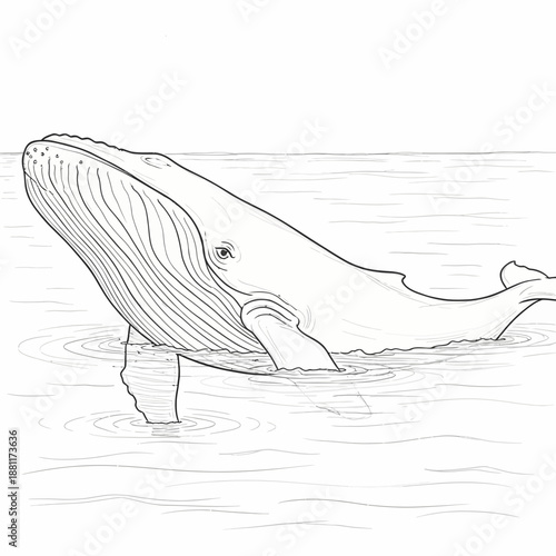 Humpback whale breaching in clear ocean water, line art illustration