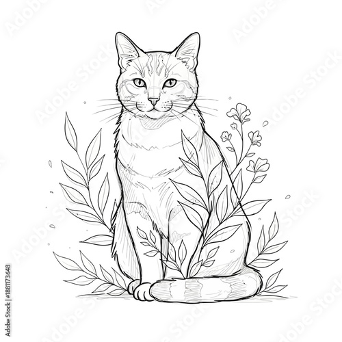 Line art cat sitting with leaves and flowers, sketch style