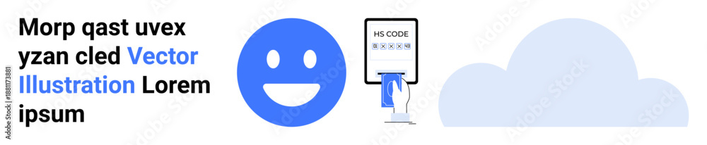 Fototapeta premium Digital communication, cloud storage, identity security, data sharing, user interface, emotions. Blue happy face, finger interacting with a screen and a cloud symbol. Communication and cloud storage