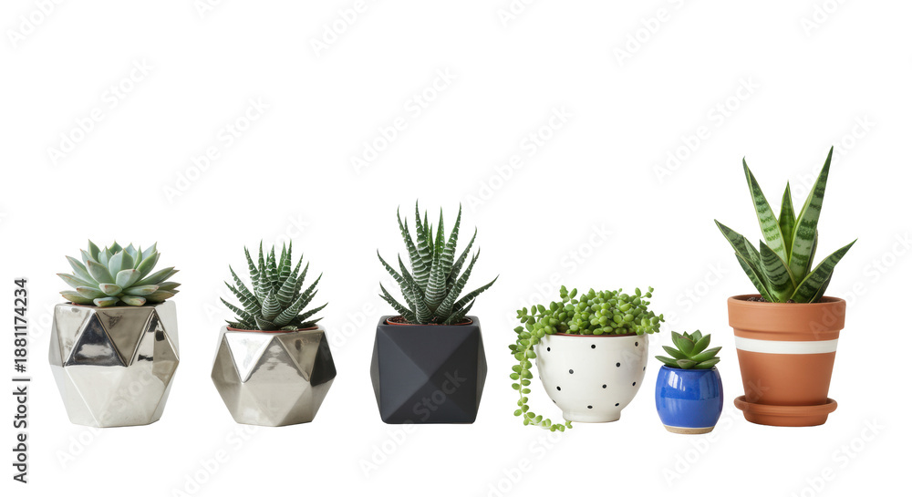 Obraz premium photorealistic still life of five diverse succulents in contrasting geometric planters on a transparent studio background with smooth bokeh and high-key lighting. concept of organic geometry and