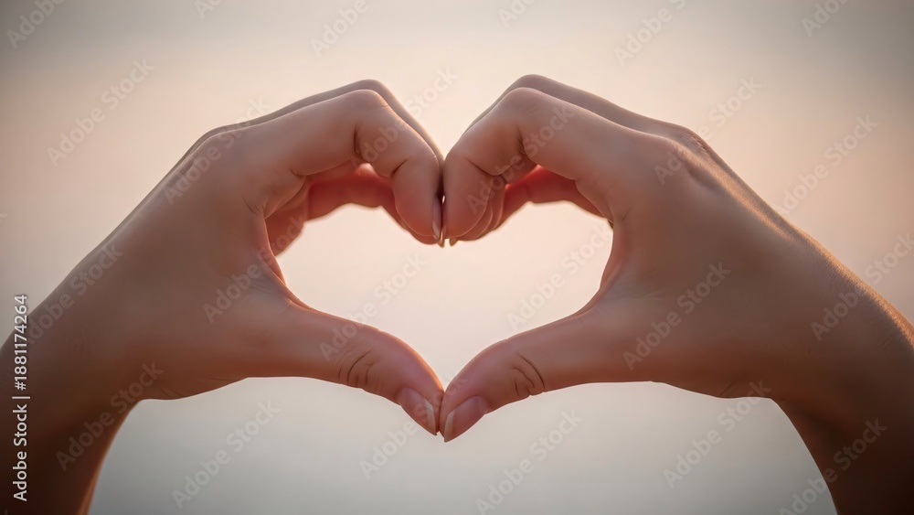 Fototapeta premium Close up of a pair of hands forming a heart shape against a soft, warm, and blurry background, symbolizing love and care