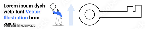 Person holding magnifying glass exploring potential, upward arrow indicating progress, with a large key symbolizing solutions or opportunities. Ideal for success, growth, exploration