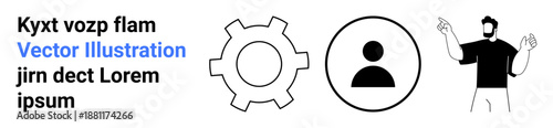 Gear icon, profile icon, and person gesturing with both hands. Ideal for teamwork, collaboration, technology, user interface, leadership, human connection and a simple landing page