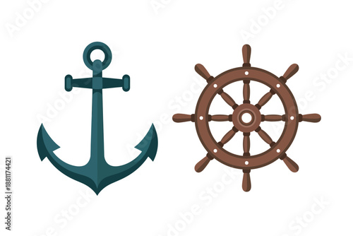 Nautical Anchor and Ship Steering Wheel Icons on White Background