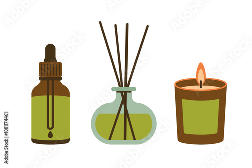 Aromatherapy Essentials: Oil Bottle, Reed Diffuser, and Lit Candle for Relaxation and Wellness
