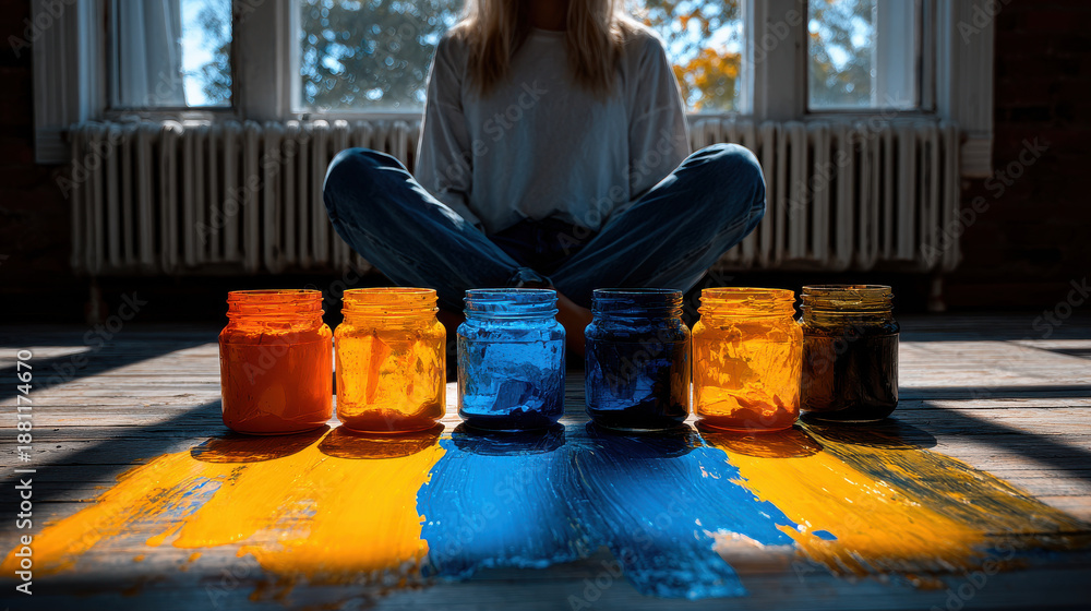 custom made wallpaper toronto digitalSolo art therapy session showcases vibrant colors in jars with paint strokes on floor, creating serene and creative atmosphere