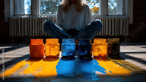 Solo art therapy session showcases vibrant colors in jars with paint strokes on floor, creating serene and creative atmosphere