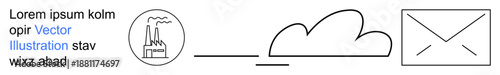 Environmental awareness, air pollution, correspondence, industrialization, sustainability, and communications. A factory emitting smoke, a cloud and an envelope icon. Air pollution and environmental