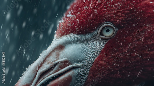 Close-up of a bird's head with detailed feathers and sharp eye.