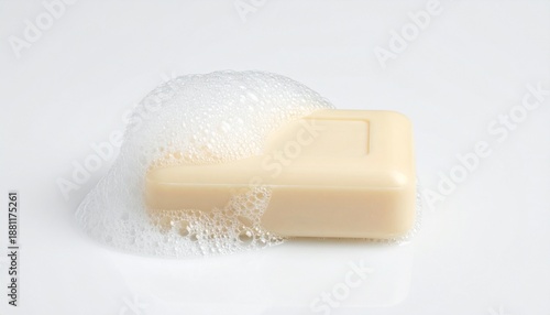 A bar of creamy white soap with a frothy layer of bubbles on its side, isolated on a white background.