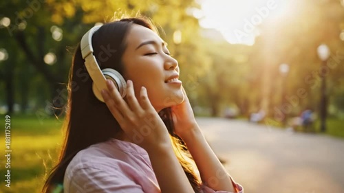 Wallpaper Mural Young woman enjoying music with headphones in a sunny park, finding peace and tranquility during downtime. Torontodigital.ca