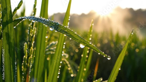 Wallpaper Mural Morning sun illuminates green rice plant leaf covered with clear water droplets with bokeh background Torontodigital.ca