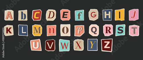 Ransom note style alphabet A-Z collage. Torn paper letters with retro patterns and colors isolated on dark gray.
