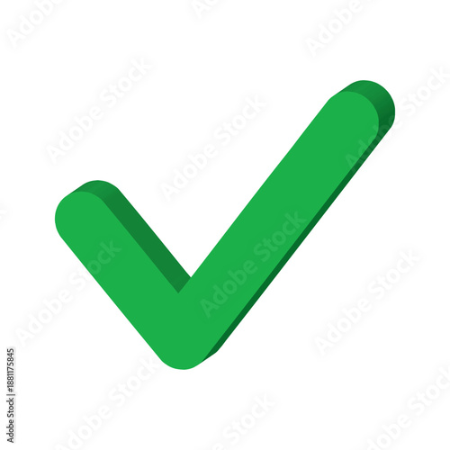 3D green check mark vector. Isometric tick icon isolated on white. Success symbol for approved status, correct answer, voting, yes sign, agreement, validation, positive choice and completed task.