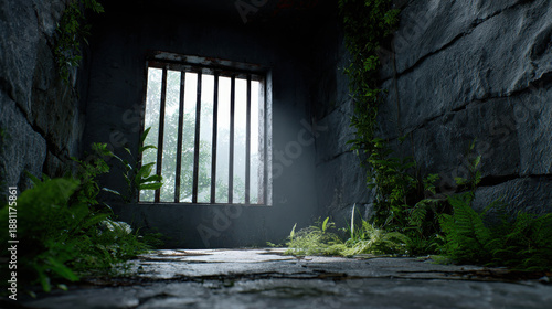 Abandoned Prison Cells in a Decayed State Surrounded by Lush Jungle Vegetation in a Dark and Mysterious Atmosphere