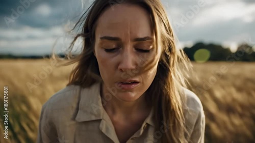 Wallpaper Mural Woman in a wheat field looking upset and worried with wind blowing hair, dramatic scene Torontodigital.ca