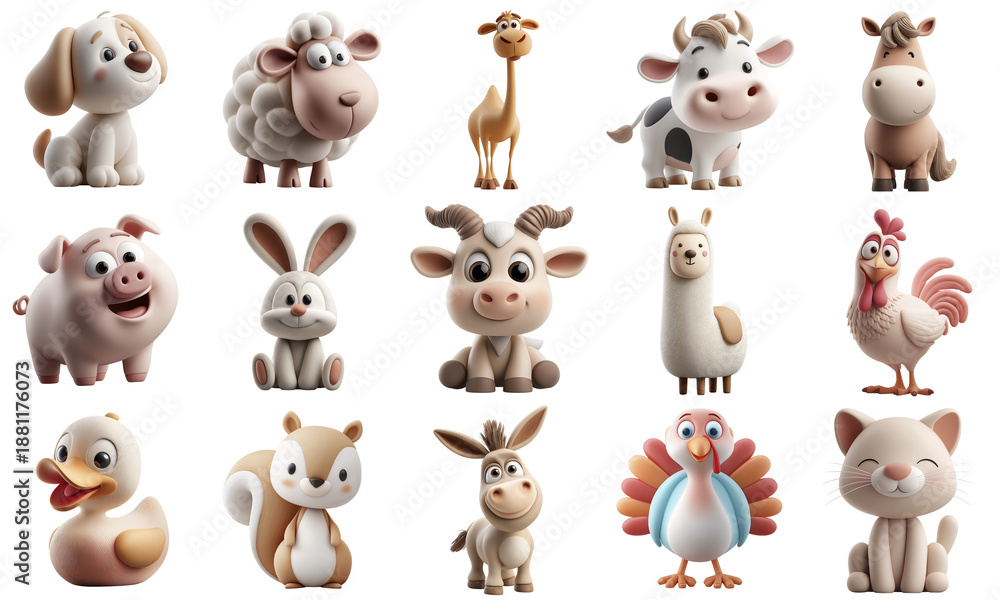 Fototapeta premium Collection of Adorable 3d Pastel Animal Figures on White