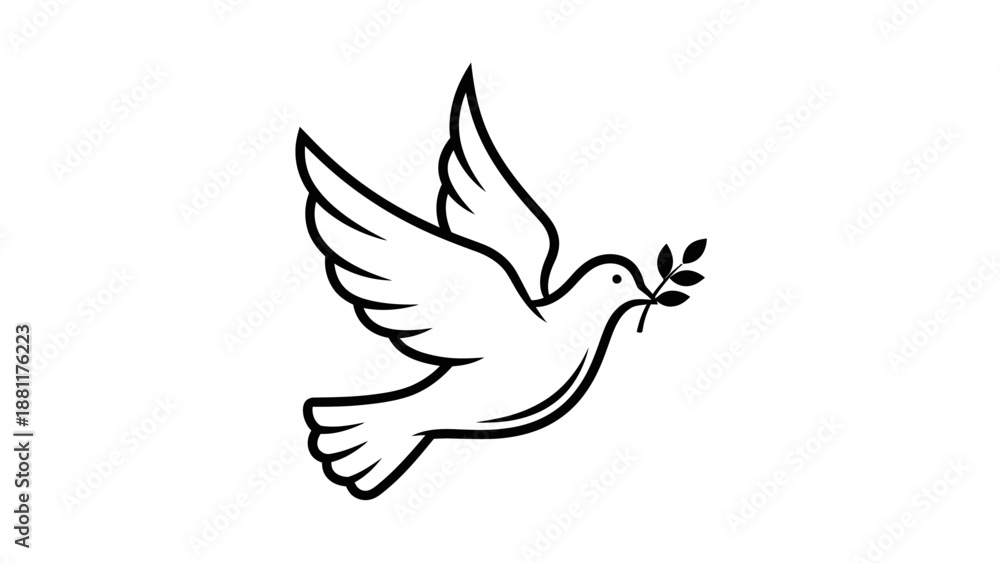 Fototapeta premium White dove in flight carrying an olive branch, a universal symbol of peace and hope, depicted in a simple line art illustration.