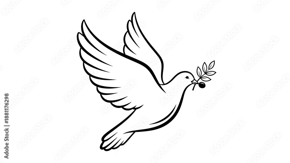 Fototapeta premium Black and white line drawing of a dove in flight carrying an olive branch, symbolizing peace and hope.