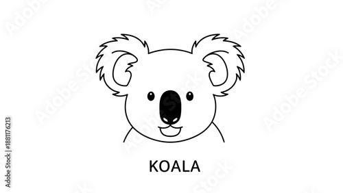 Cute koala bear head line art drawing with a smiling face, simple black and white illustration of an Australian marsupial.