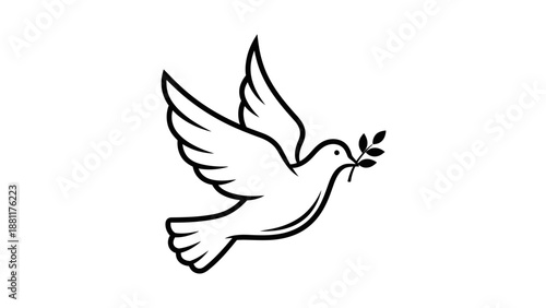 White dove in flight carrying an olive branch, a universal symbol of peace and hope, depicted in a simple line art illustration.
