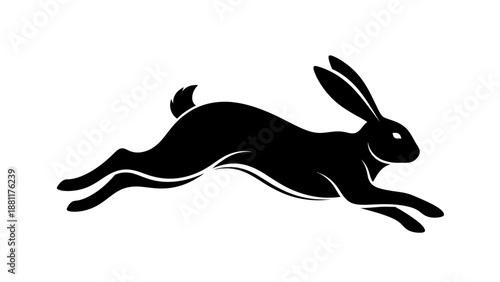 A sleek black silhouette of a rabbit or hare in mid-leap, running swiftly across a white background.