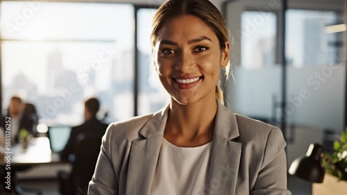 Wallpaper Mural Confident businesswoman smiling with crossed arms in modern office setting with team in the background Torontodigital.ca