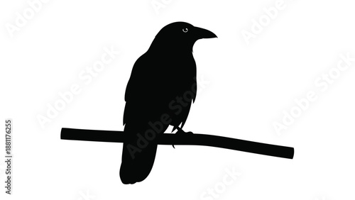 A stark black silhouette of a crow perched on a horizontal branch against a clean white background.