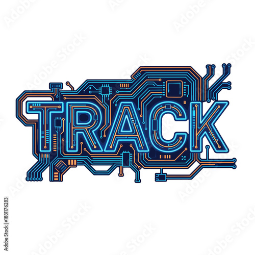 A technological graphic with the word TRACK and circuit board elements.