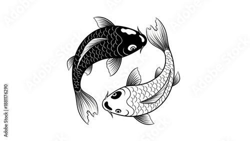 Two stylized koi fish, one black and one white, swimming in a circular pattern against a white background, symbolizing balance and harmony.