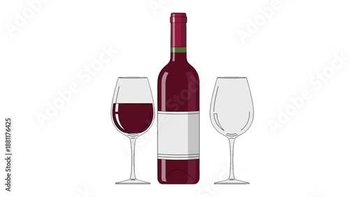 A bottle of wine and two glasses. This image perfectly captures the essence of a romantic and intimate experience. The deep red wine contrasts with the clear glass.