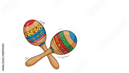 Two crossed maracas, instruments of rhythm and cultural expression. The wooden percussion instruments, decorated with colorful patterns, offer a cheerful and lively vibe