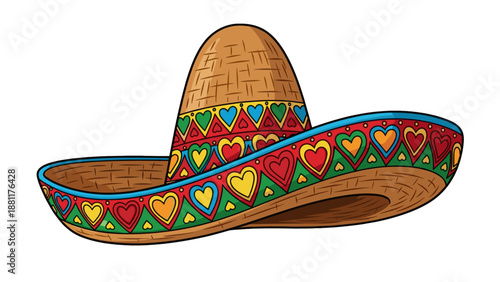 A vibrant illustration of a traditional sombrero hat adorned with colorful patterns and heart-shaped designs