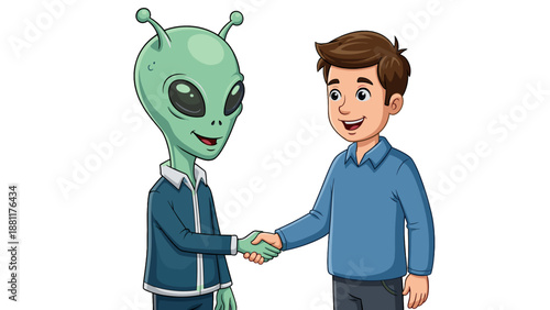 Two figures are shaking hands as a sign of agreement or friendship, and the scene implies a first encounter or negotiation