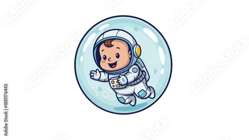 An adorable baby astronaut floating inside a bubble, ready for exploration. The little astronaut is wearing a spacesuit and a helmet, floating happily