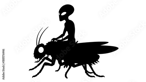 An Alien riding on a giant insect silhouette against a plain backdrop. The scene presents a bizarre, imaginative composition, perfect for various creative concepts