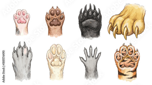 Different animal paw prints shown, each paw print representing a unique creature, revealing the beautiful of their structure