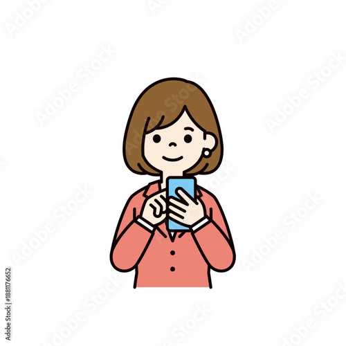 スマートフォンを操作・検索する、若いビジネスウーマンの上半身ベクターイラスト素材＿カラー