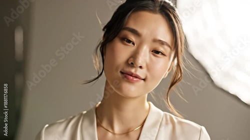 Wallpaper Mural Beautiful asian woman in soft studio light looks into the camera with a serene expression Torontodigital.ca