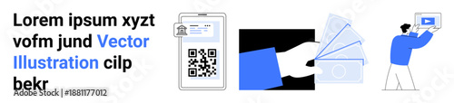QR code scanning on a digital card holder, exchanging currency notes, person streaming media. Ideal for technology, finance, e-commerce, digital marketing, innovation, user interface simple landing