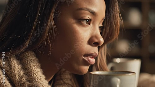 Wallpaper Mural Woman takes a deep breath while looking at a cup of tea in a warm cozy setting Torontodigital.ca