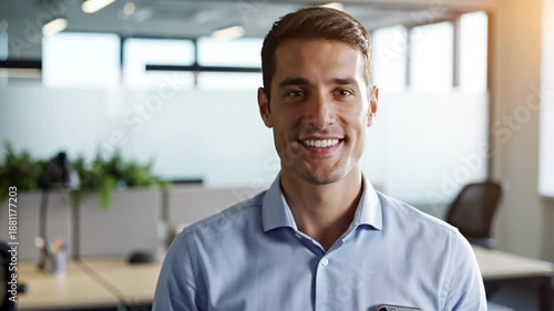 Wallpaper Mural Cheerful businessman in blue shirt happily describes workplace culture of a supportive team at the modern office Torontodigital.ca