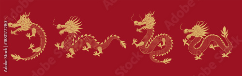 Four traditional golden Chinese dragons in various poses on a vibrant deep red background, detailed vector illustration set.