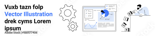 Business strategy, data analysis, risk management, decision-making, process optimization, workflow solutions. Visual of gears, charts and a professional assembling blocks labeled risk. Business